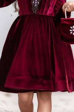 Kız Çocuk Üzeri Çiçek Taş İşlemeli Boğazlı Yaka Bordo Kadife Abiye