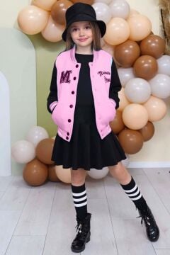 Kız Çocuk Düğme Detaylı Pamuklu Pembe Kolej Ceket Kadife Etekli Takım