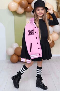 Kız Çocuk Düğme Detaylı Pamuklu Pembe Kolej Ceket Kadife Etekli Takım