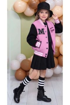 Kız Çocuk Düğme Detaylı Pamuklu Pembe Kolej Ceket Kadife Etekli Takım