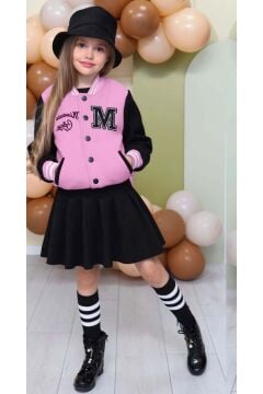 Kız Çocuk Düğme Detaylı Pamuklu Pembe Kolej Ceket Kadife Etekli Takım