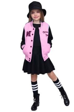 Kız Çocuk Düğme Detaylı Pamuklu Pembe Kolej Ceket Kadife Etekli Takım