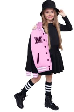 Kız Çocuk Düğme Detaylı Pamuklu Pembe Kolej Ceket Kadife Etekli Takım