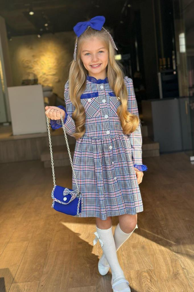 Kız Çocuk Yakası ve Kolları Fırfırlı Üzeri Boydan Düğme ve Lacivert Ekose Detaylı Elbise