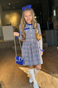 Kız Çocuk Yakası ve Kolları Fırfırlı Üzeri Boydan Düğme ve Lacivert Ekose Detaylı Elbise