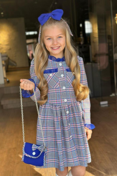 Kız Çocuk Yakası ve Kolları Fırfırlı Üzeri Boydan Düğme ve Lacivert Ekose Detaylı Elbise