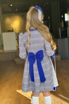 Kız Çocuk Yakası ve Kolları Fırfırlı Üzeri Boydan Düğme ve Lacivert Ekose Detaylı Elbise