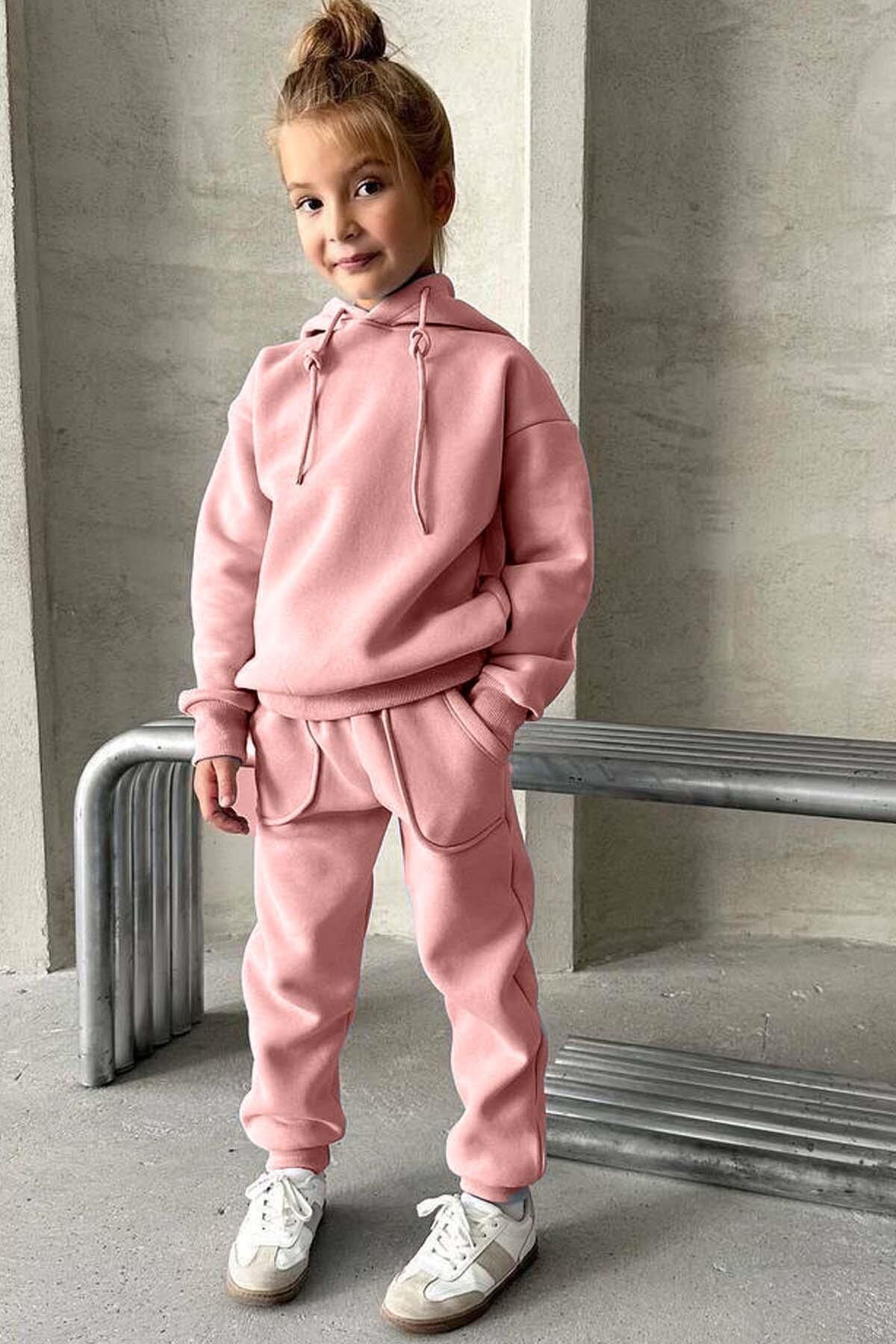 Kız Çocuk Şardonlu İp Detaylı Sweatshirt Pamuklu Pembe Eşofman Takım