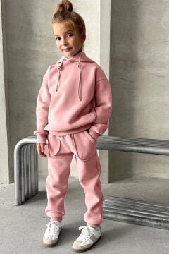 Kız Çocuk Şardonlu İp Detaylı Sweatshirt Pamuklu Pembe Eşofman Takım