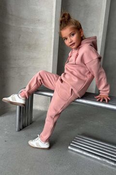 Kız Çocuk Şardonlu İp Detaylı Sweatshirt Pamuklu Pembe Eşofman Takım