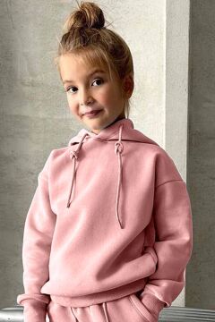 Kız Çocuk Şardonlu İp Detaylı Sweatshirt Pamuklu Pembe Eşofman Takım