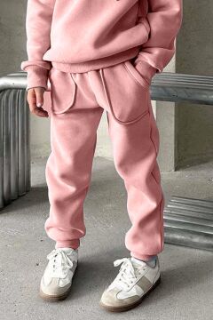 Kız Çocuk Şardonlu İp Detaylı Sweatshirt Pamuklu Pembe Eşofman Takım