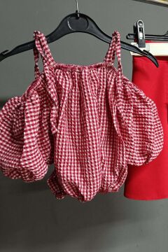 Kız Çocuk Kare Desenli Düşük Omuzlu Kırmızı Etekli Takım