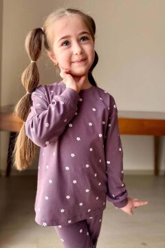Kız Çocuk Bilekleri Manşetli Papatya Desenli Mor Pijama Takımı