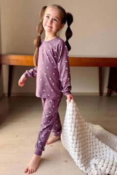 Kız Çocuk Bilekleri Manşetli Papatya Desenli Mor Pijama Takımı