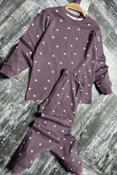 Kız Çocuk Bilekleri Manşetli Papatya Desenli Mor Pijama Takımı