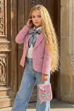 Kız Çocuk Fularlı Şifon Gömlek, Şanel Pembe Ceket ve Taş Detaylı Bol Kesim Pantolon Alt Üst Takım