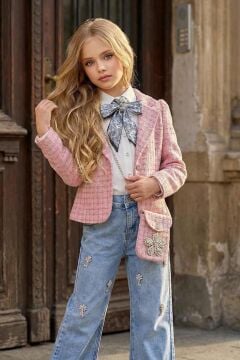 Kız Çocuk Fularlı Şifon Gömlek, Şanel Pembe Ceket ve Taş Detaylı Bol Kesim Pantolon Alt Üst Takım