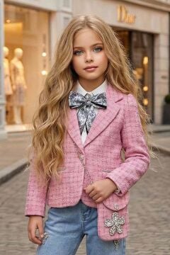 Kız Çocuk Fularlı Şifon Gömlek, Şanel Pembe Ceket ve Taş Detaylı Bol Kesim Pantolon Alt Üst Takım