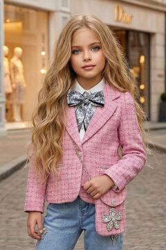 Kız Çocuk Fularlı Şifon Gömlek, Şanel Pembe Ceket ve Taş Detaylı Bol Kesim Pantolon Alt Üst Takım