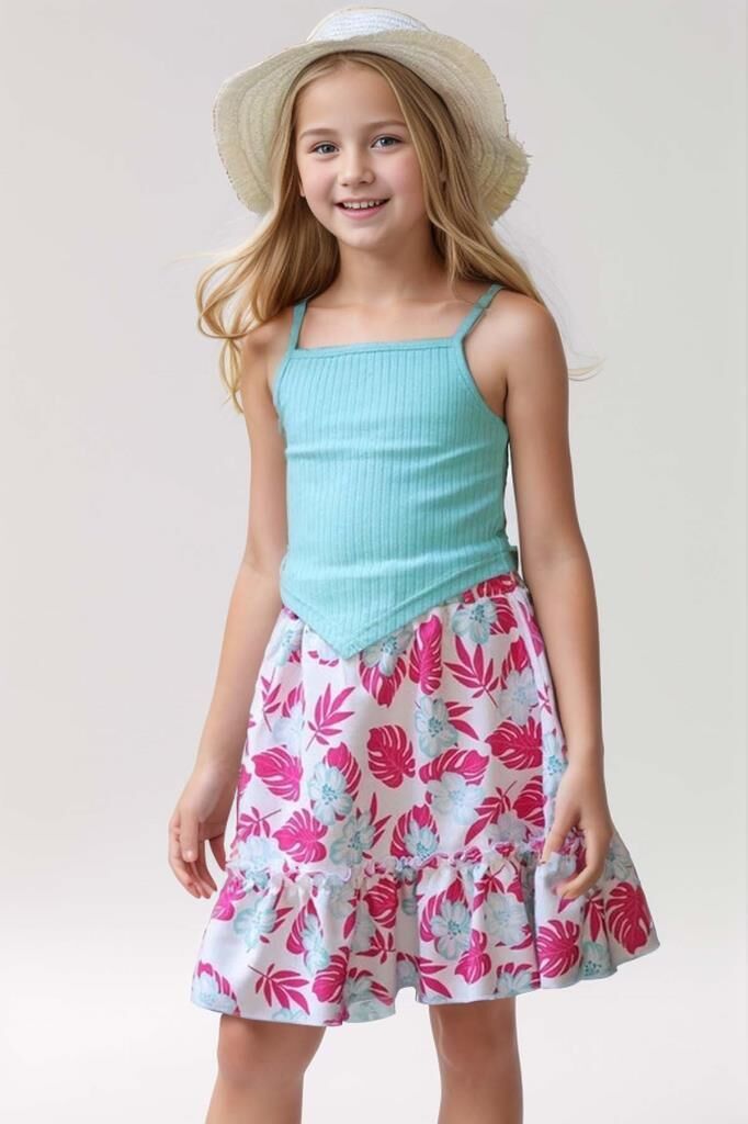 Kız Çocuk Kaşkorse Crop ve Dijital Baskılı Fuşya Etekli Takım