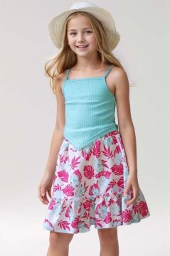 Kız Çocuk Kaşkorse Crop ve Dijital Baskılı Fuşya Etekli Takım