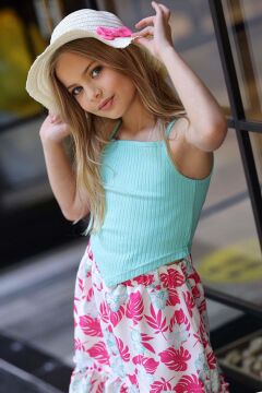 Kız Çocuk Kaşkorse Crop ve Dijital Baskılı Fuşya Etekli Takım