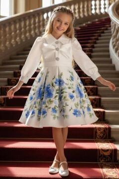 Kız Çocuk Göğsünde Kurdela Detayı Taş İşlmeli Şifon Gömlekli, Mavi Gül Baskılı Şifon Elbise