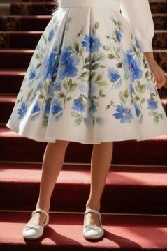 Kız Çocuk Göğsünde Kurdela Detayı Taş İşlmeli Şifon Gömlekli, Mavi Gül Baskılı Şifon Elbise