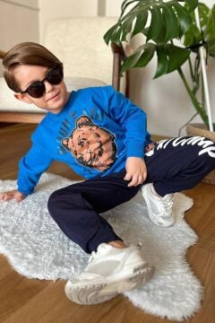 Erkek Çocuk Digital Ayı ve Mountain Yazı Baskılı Mavi Eşofman Takım