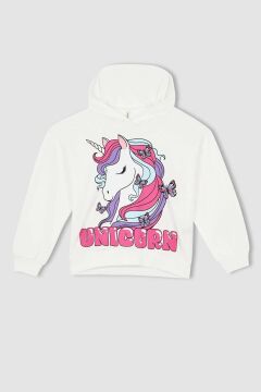 Kız Çocuk Unicorn Baskılı Kapüşonlu Sweatshirt ve Fitilli Pembe Taytlı Takım