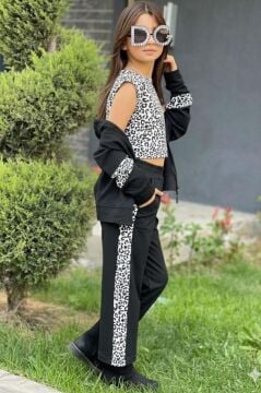 Kız Çocuk Leopar Baskılı Kolsuz Badi Leopar Şerit Detaylı Ceket Siyah Eşofman Takım