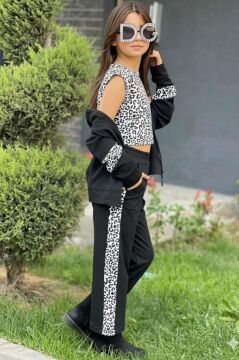 Kız Çocuk Leopar Baskılı Kolsuz Badi Leopar Şerit Detaylı Ceket Siyah Eşofman Takım