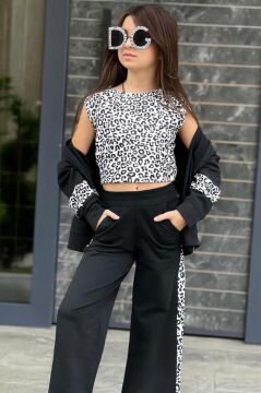 Kız Çocuk Leopar Baskılı Kolsuz Badi Leopar Şerit Detaylı Ceket Siyah Eşofman Takım