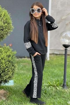 Kız Çocuk Leopar Baskılı Kolsuz Badi Leopar Şerit Detaylı Ceket Siyah Eşofman Takım