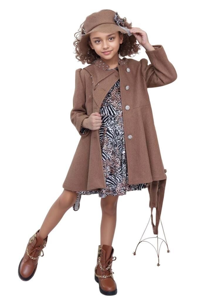 Kız Çocuk Leopar Desen Elbise Taş İşleme Yaka Boydan Düğme ve Kemer Detaylı Kahverengi Kaşe Kaban