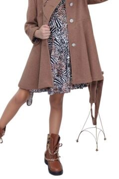 Kız Çocuk Leopar Desen Elbise Taş İşleme Yaka Boydan Düğme ve Kemer Detaylı Kahverengi Kaşe Kaban