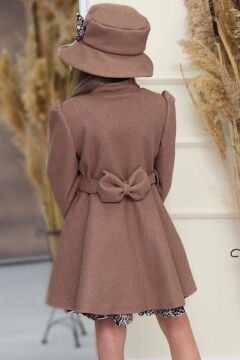 Kız Çocuk Leopar Desen Elbise Taş İşleme Yaka Boydan Düğme ve Kemer Detaylı Kahverengi Kaşe Kaban