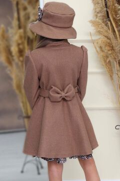 Kız Çocuk Leopar Desen Elbise Taş İşleme Yaka Boydan Düğme ve Kemer Detaylı Kahverengi Kaşe Kaban