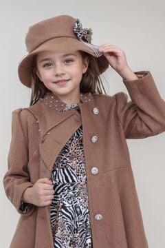 Kız Çocuk Leopar Desen Elbise Taş İşleme Yaka Boydan Düğme ve Kemer Detaylı Kahverengi Kaşe Kaban