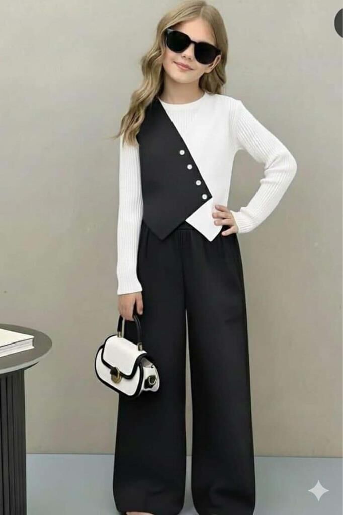 Kız Çocuk Çift Renk Badili Yelek Palazzo Pantolon Siyah Alt Üst Takım