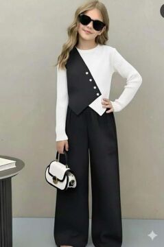 Kız Çocuk Çift Renk Badili Yelek Palazzo Pantolon Siyah Alt Üst Takım