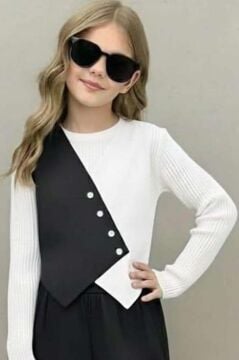 Kız Çocuk Çift Renk Badili Yelek Palazzo Pantolon Siyah Alt Üst Takım