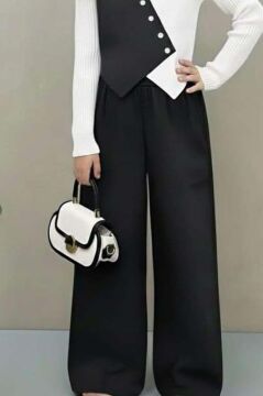 Kız Çocuk Çift Renk Badili Yelek Palazzo Pantolon Siyah Alt Üst Takım