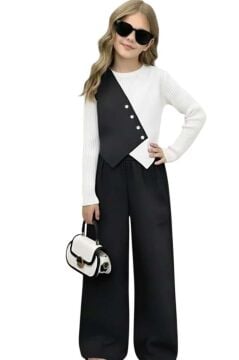 Kız Çocuk Çift Renk Badili Yelek Palazzo Pantolon Siyah Alt Üst Takım