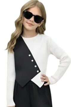 Kız Çocuk Çift Renk Badili Yelek Palazzo Pantolon Siyah Alt Üst Takım