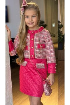 Kız Çocuk Gold Şerit ve Kapitone Detaylı Şanel Kumaş Fuşya Etekli Takım