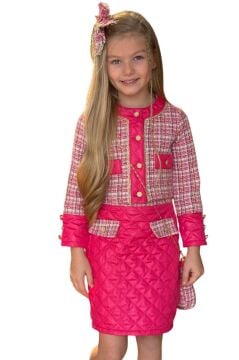 Kız Çocuk Gold Şerit ve Kapitone Detaylı Şanel Kumaş Fuşya Etekli Takım