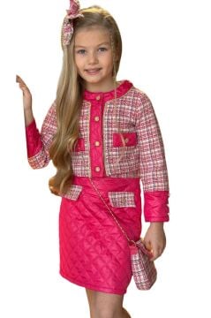 Kız Çocuk Gold Şerit ve Kapitone Detaylı Şanel Kumaş Fuşya Etekli Takım