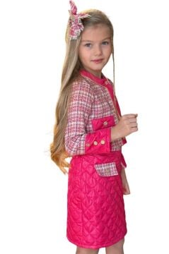 Kız Çocuk Gold Şerit ve Kapitone Detaylı Şanel Kumaş Fuşya Etekli Takım